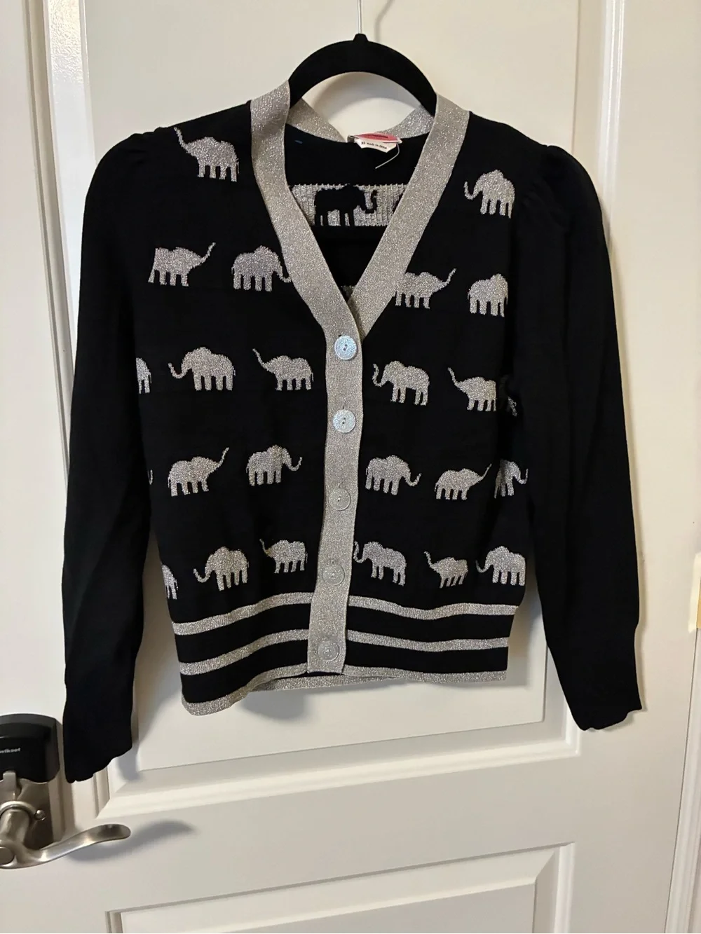 NWOT Kate spade Women's Black Cardigan Sweater w/  Silver Elephant Pattern x s